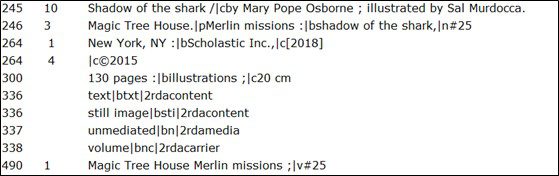 Screenshot illustrating use of 245, 246 and 490 fields in a Marc Record