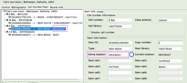 Screen shot of an item record with the Home Location highlighted